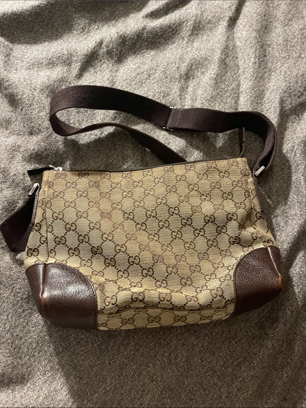 Gucci Beige/Tan GG Canvas Messenger Bag with Brown Leather Trim